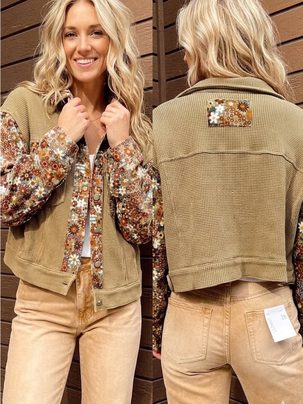 POL Clothing Khaki Waffle Knit & Retro Floral Patchwork Shacket size S NWOT